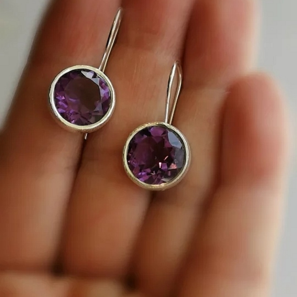 Brushed sterling silver round amethyst drop earrings 🆕 - Picture 7 of 9